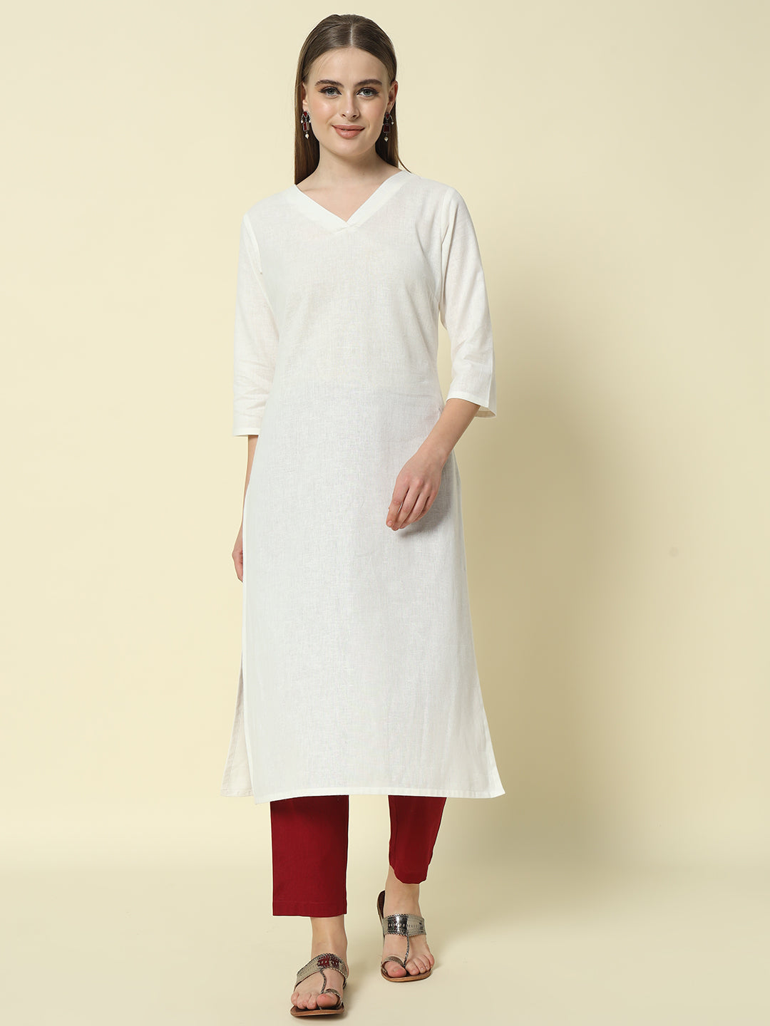 FIORRA Women's Maroon Cotton Solid Pant