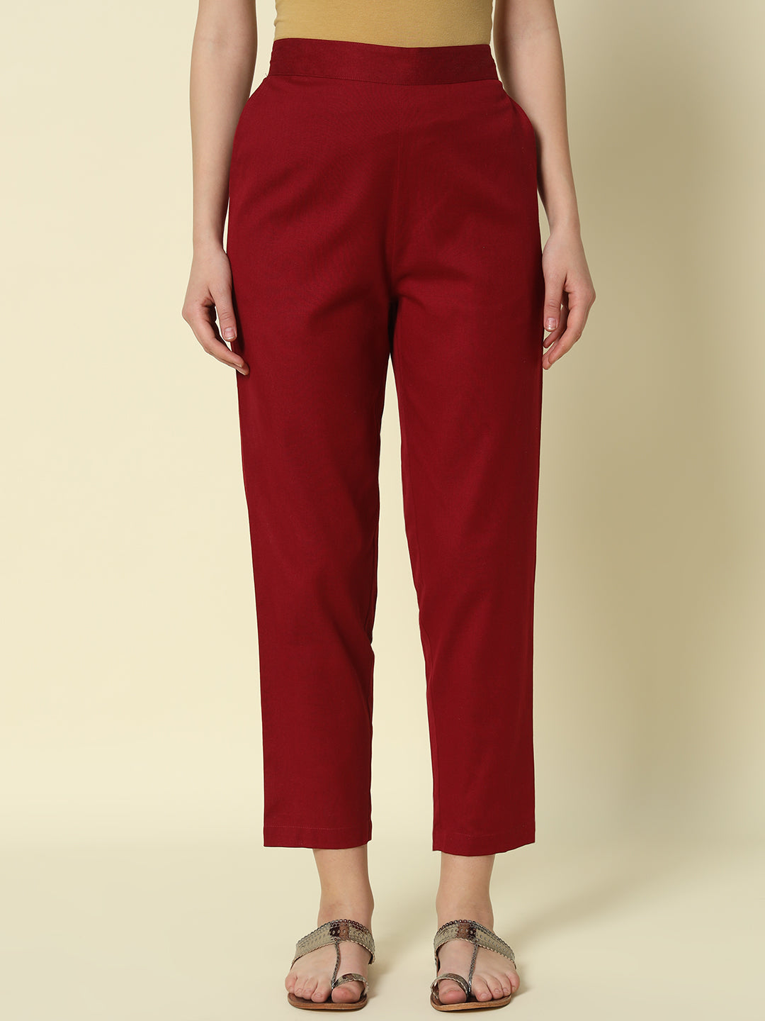 FIORRA Women's Maroon Cotton Solid Pant