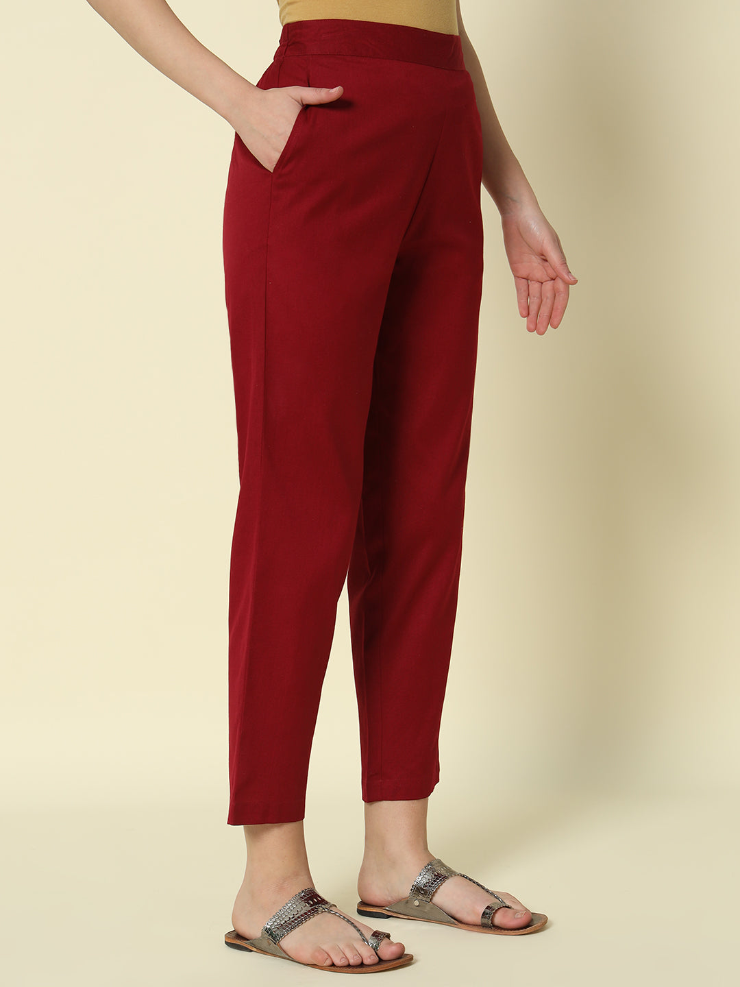 FIORRA Women's Maroon Cotton Solid Pant
