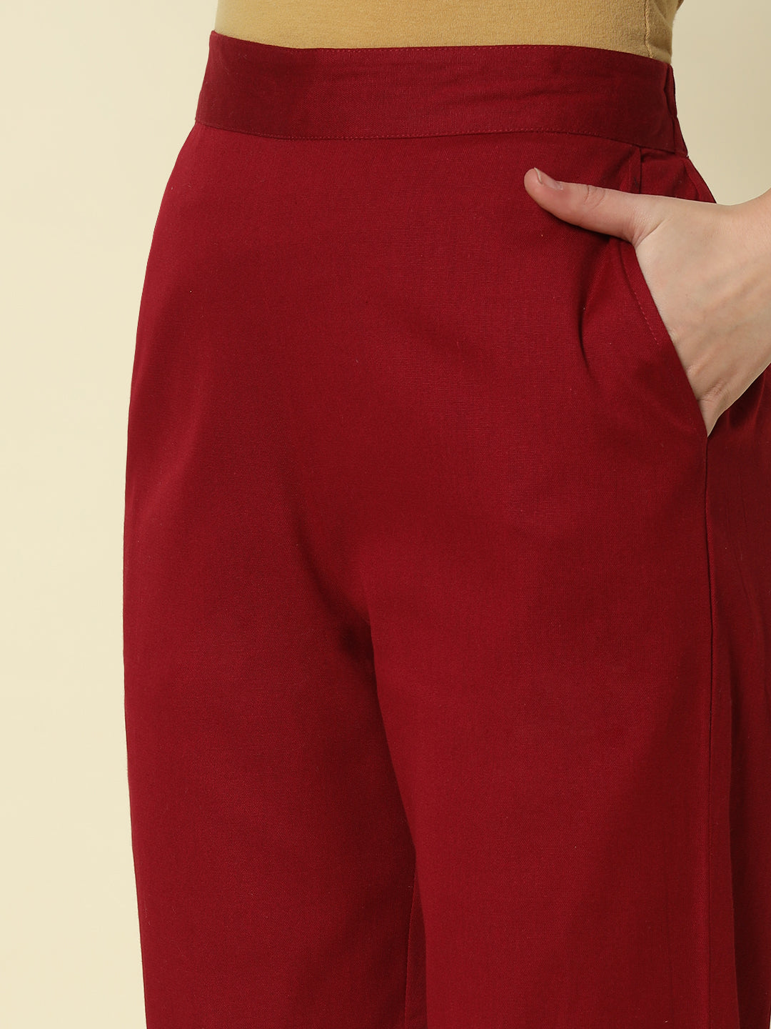 FIORRA Women's Maroon Cotton Solid Pant