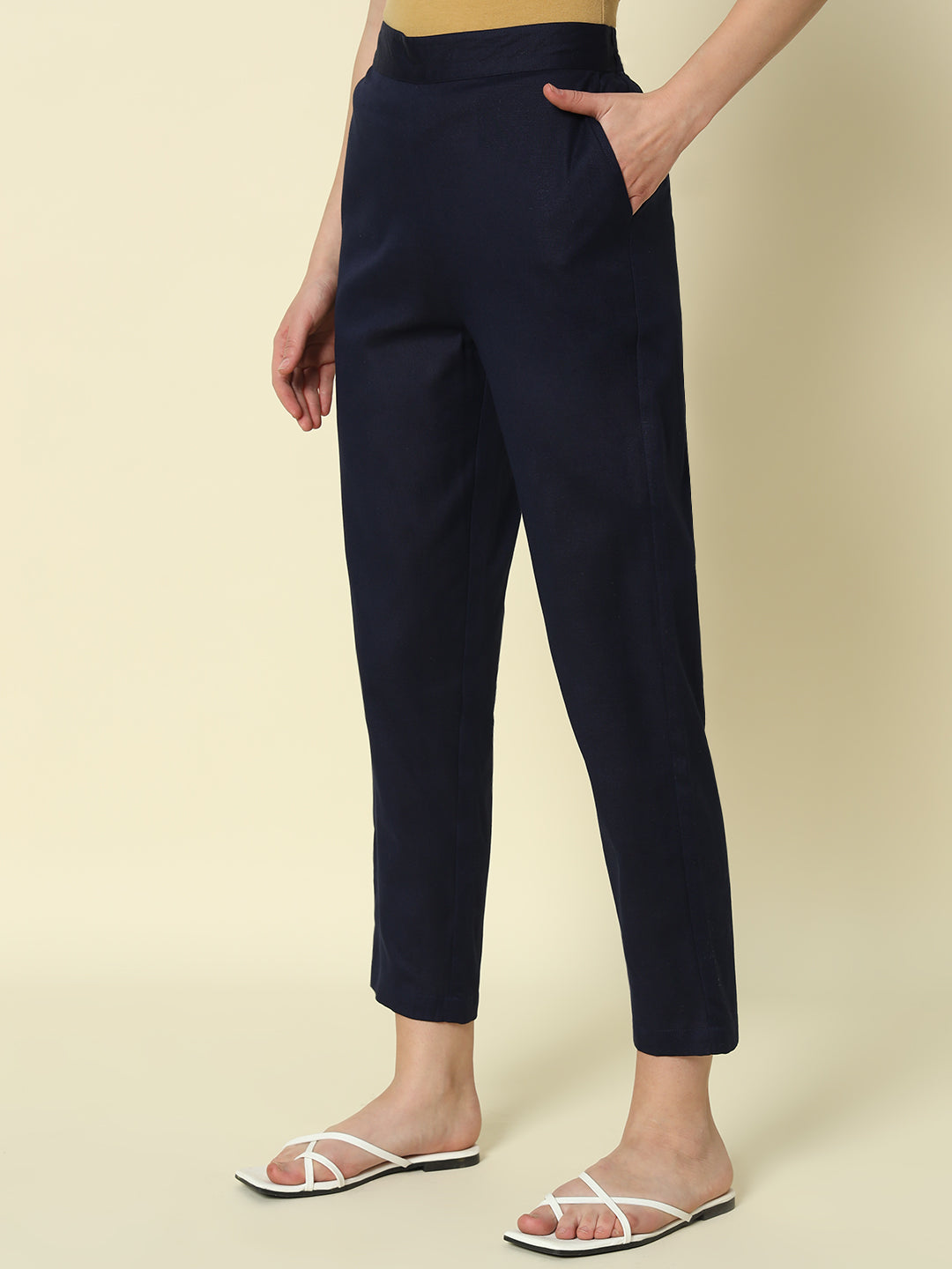 FIORRA Women's Navy blue Cotton Solid Pant