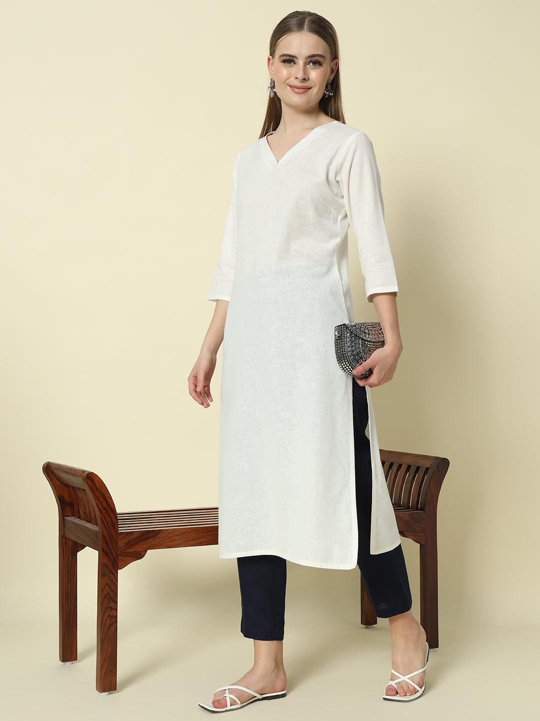 FIORRA Women's Navy blue Cotton Solid Pant