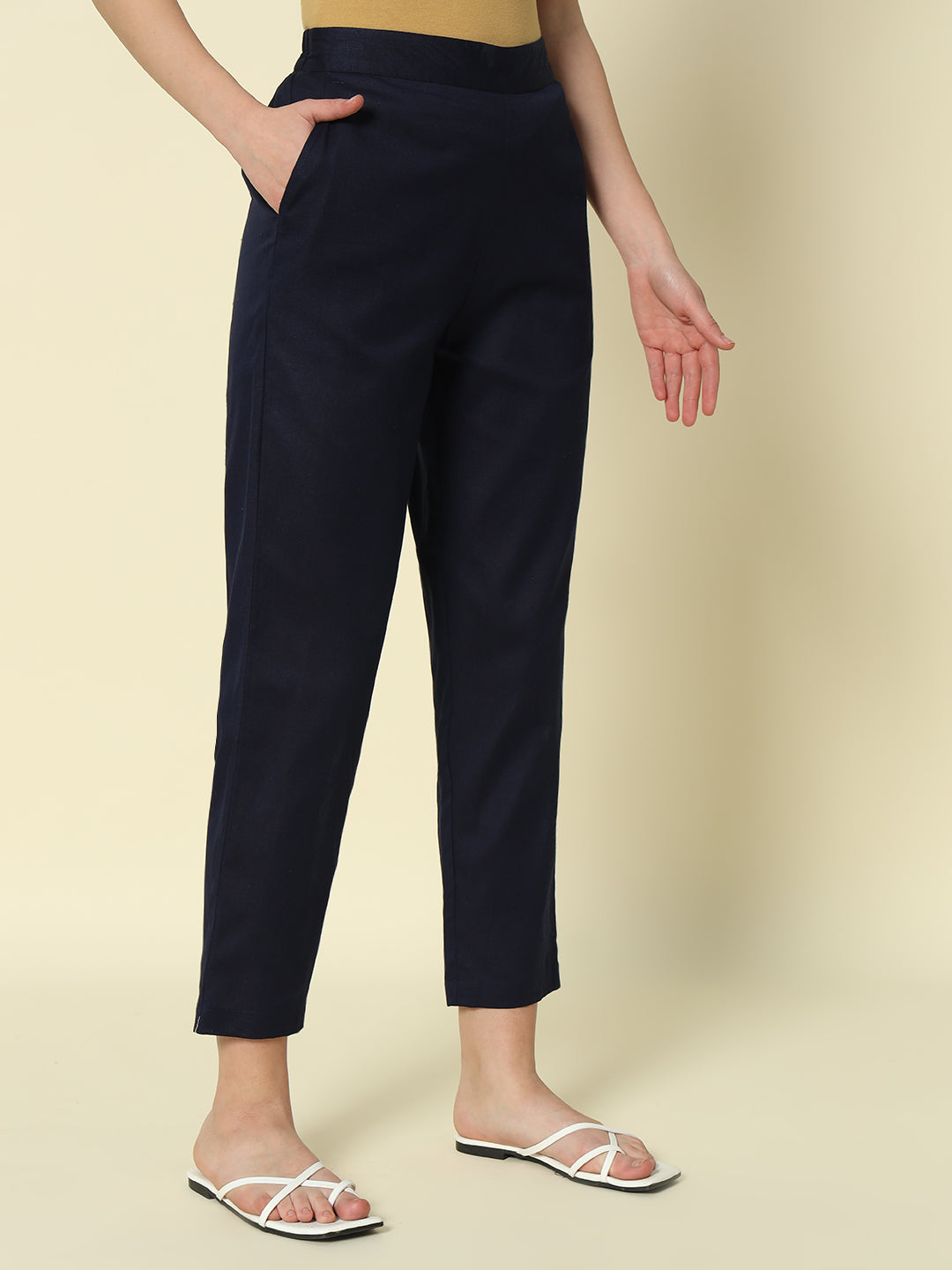 FIORRA Women's Navy blue Cotton Solid Pant