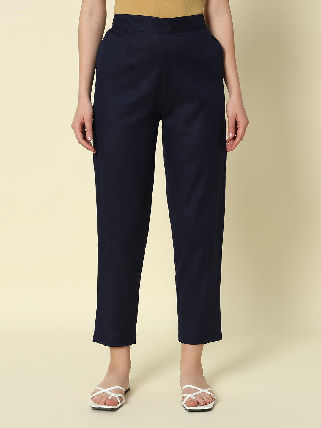 FIORRA Women's Navy blue Cotton Solid Pant