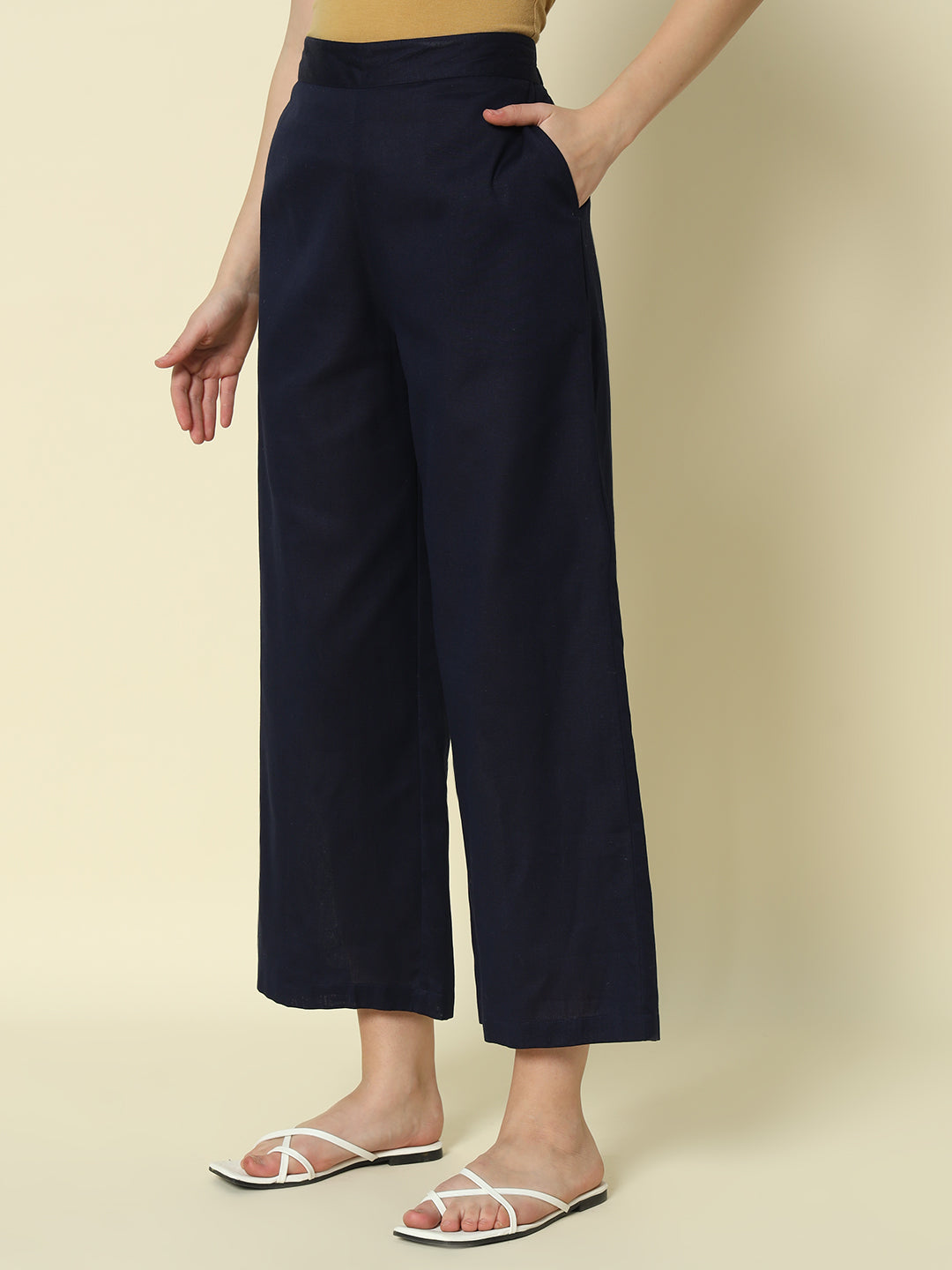 FIORRA Women's Navy blue Cotton Solid Palazzo