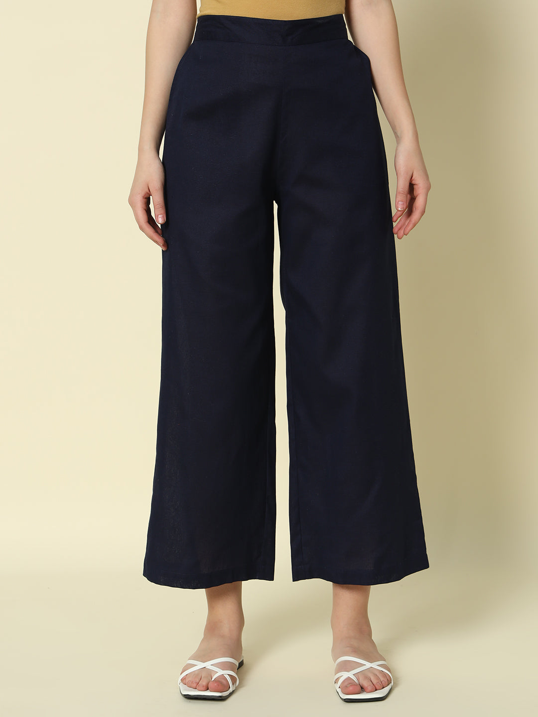 FIORRA Women's Navy blue Cotton Solid Palazzo