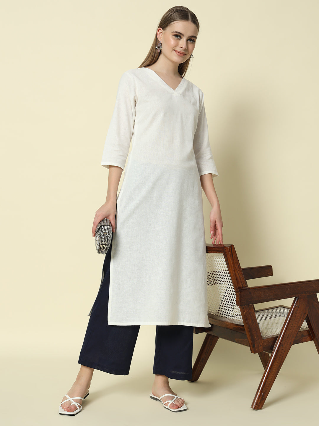 FIORRA Women's Navy blue Cotton Solid Palazzo