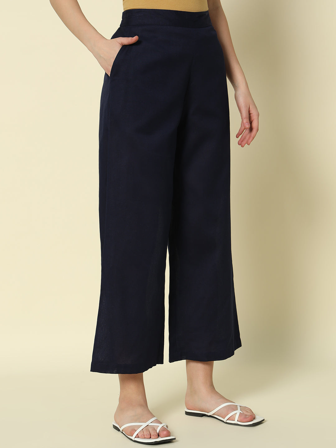 FIORRA Women's Navy blue Cotton Solid Palazzo