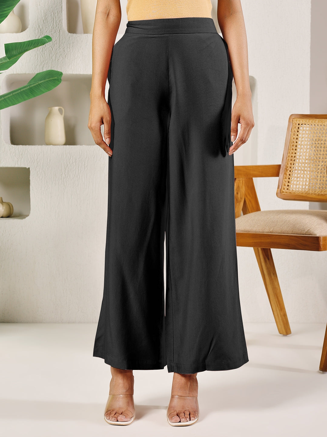 FIORRA Women's Black Solid Rayon Straight Palazzo