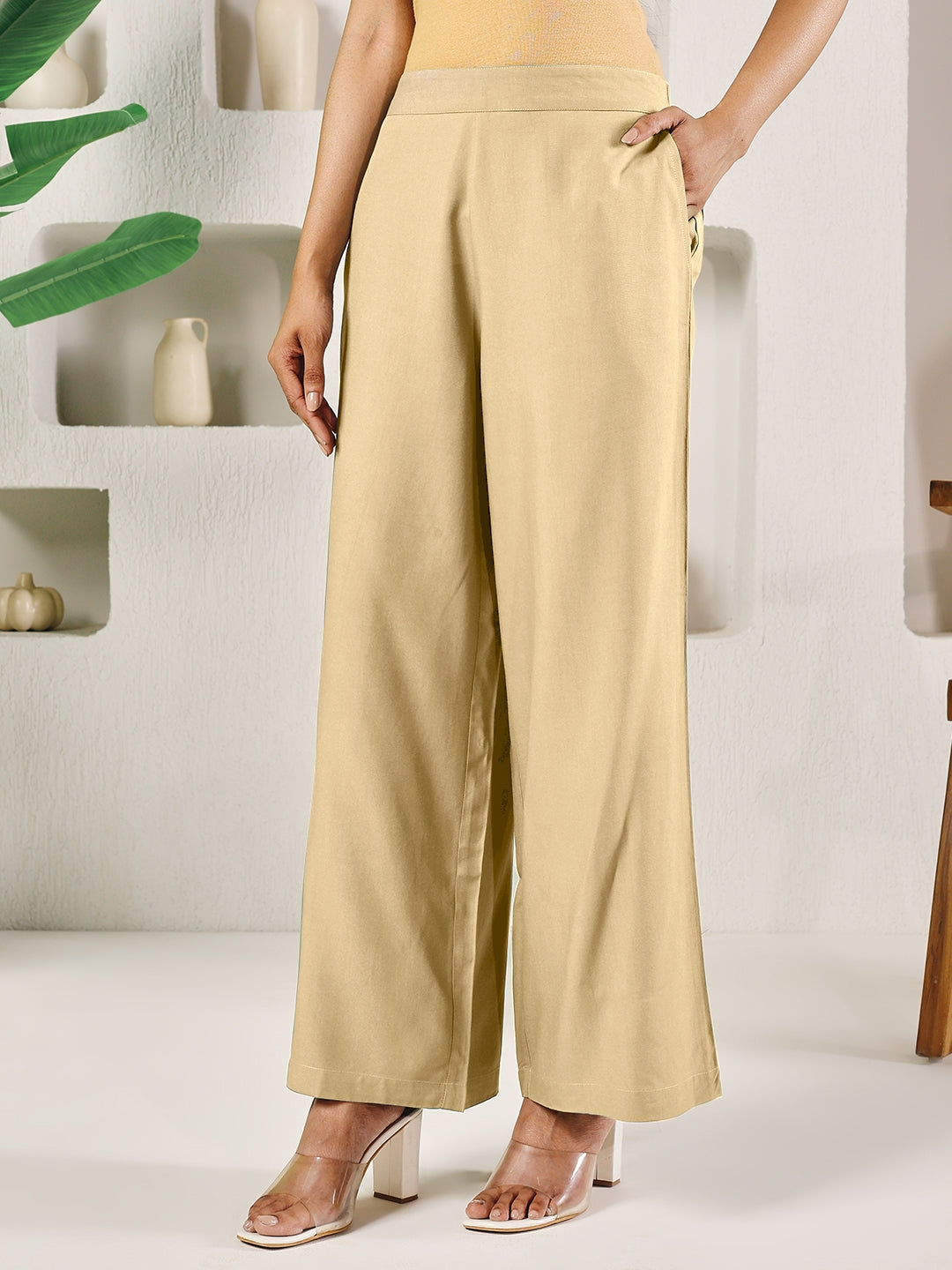 FIORRA Women's Beige Solid Rayon Straight Palazzo