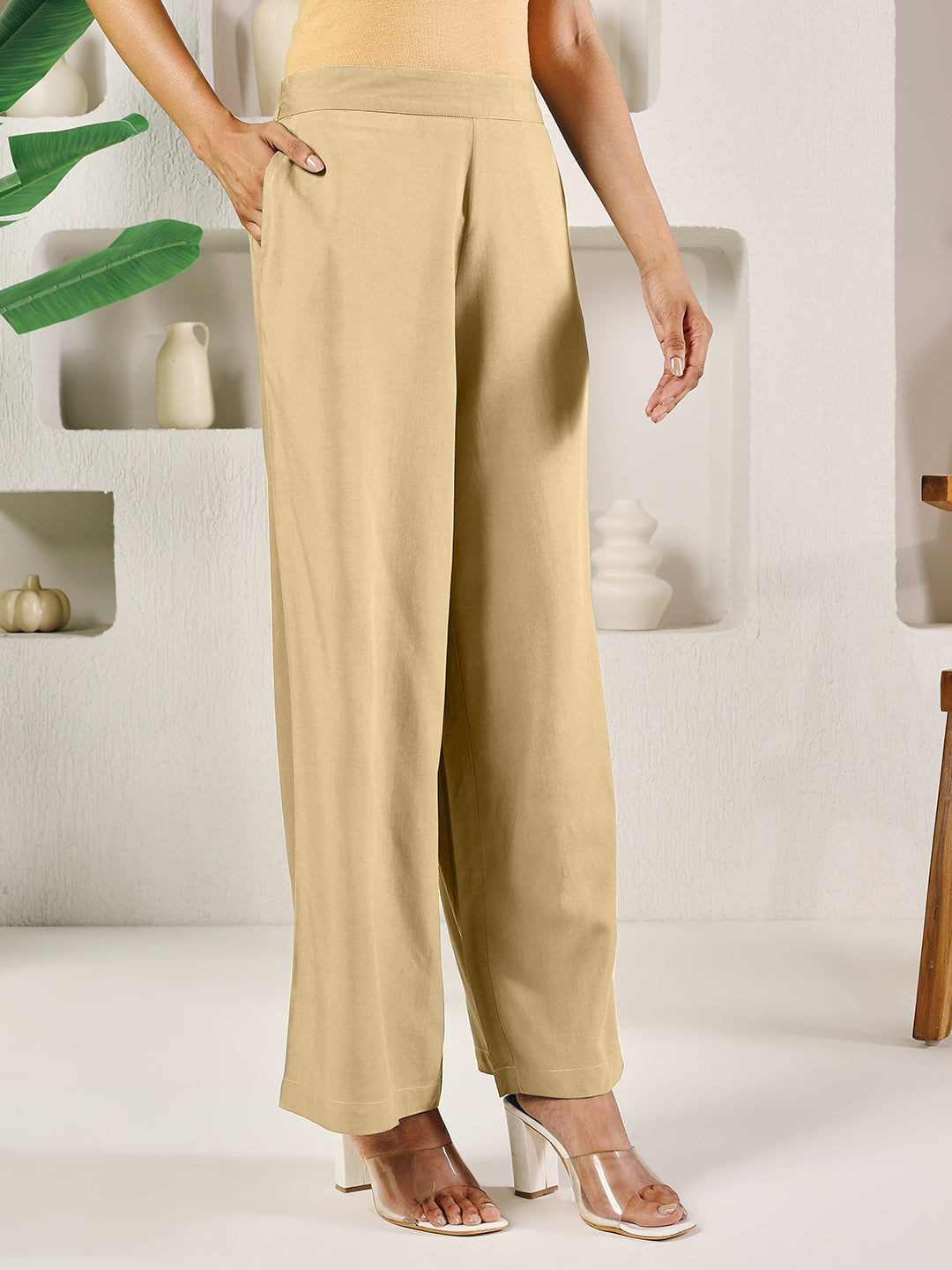 FIORRA Women's Beige Solid Rayon Straight Palazzo