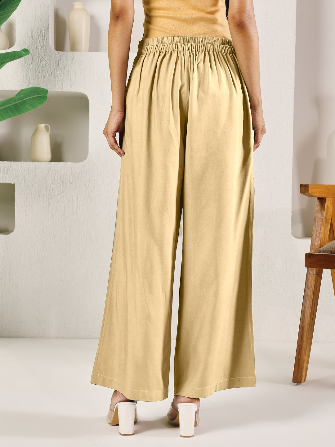 FIORRA Women's Beige Solid Rayon Straight Palazzo