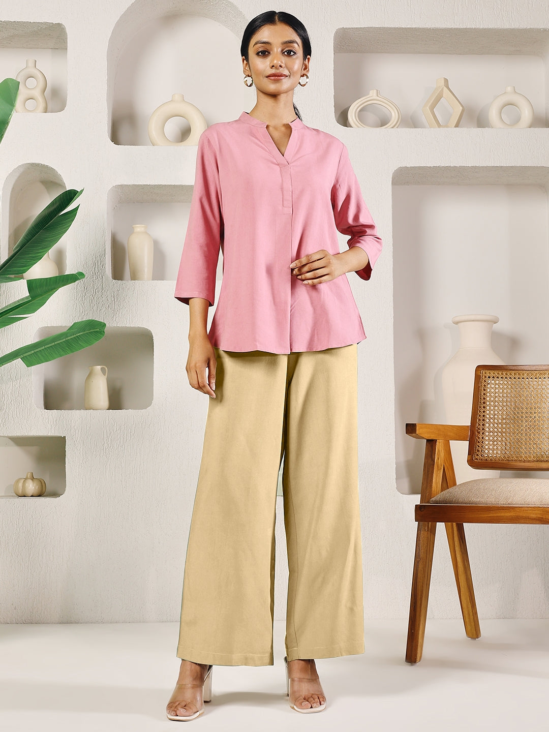 FIORRA Women's Beige Solid Rayon Straight Palazzo