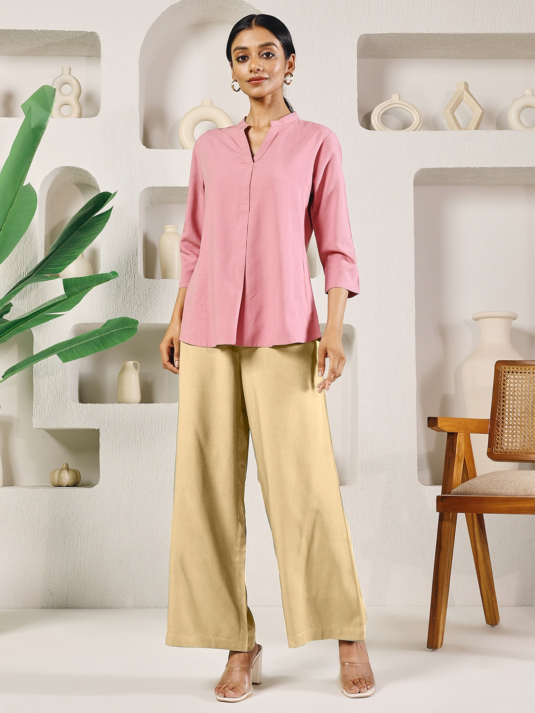 FIORRA Women's Beige Solid Rayon Straight Palazzo