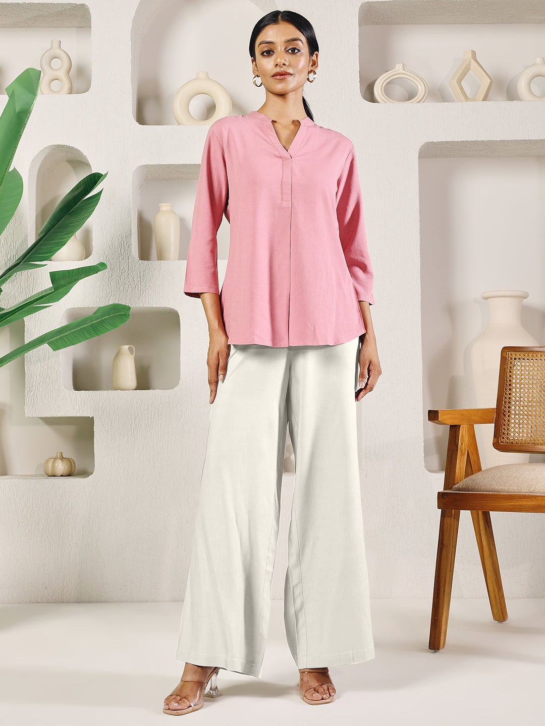 FIORRA Women's Off-White Solid Rayon Palazzo