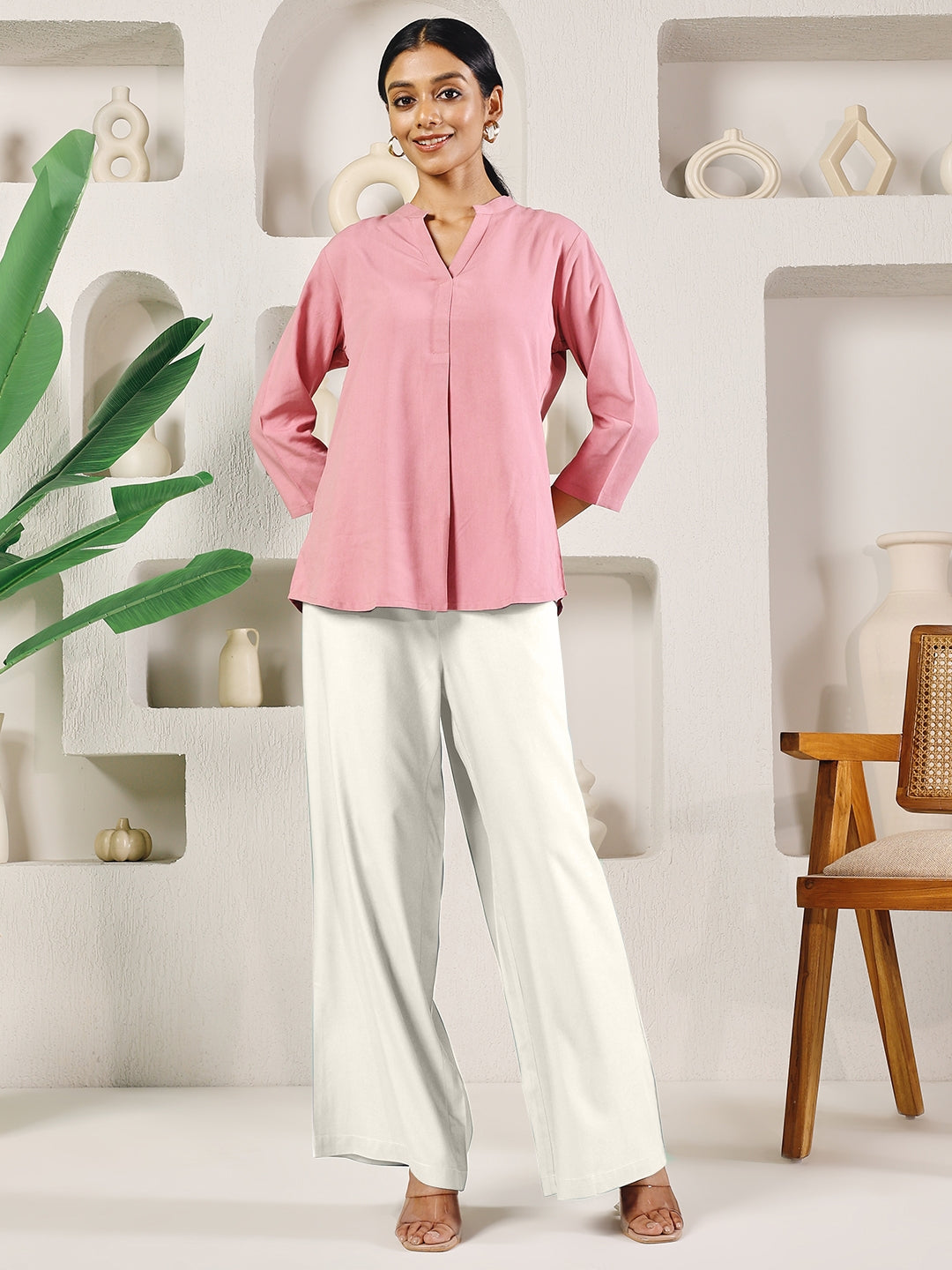 FIORRA Women's Off-White Solid Rayon Palazzo