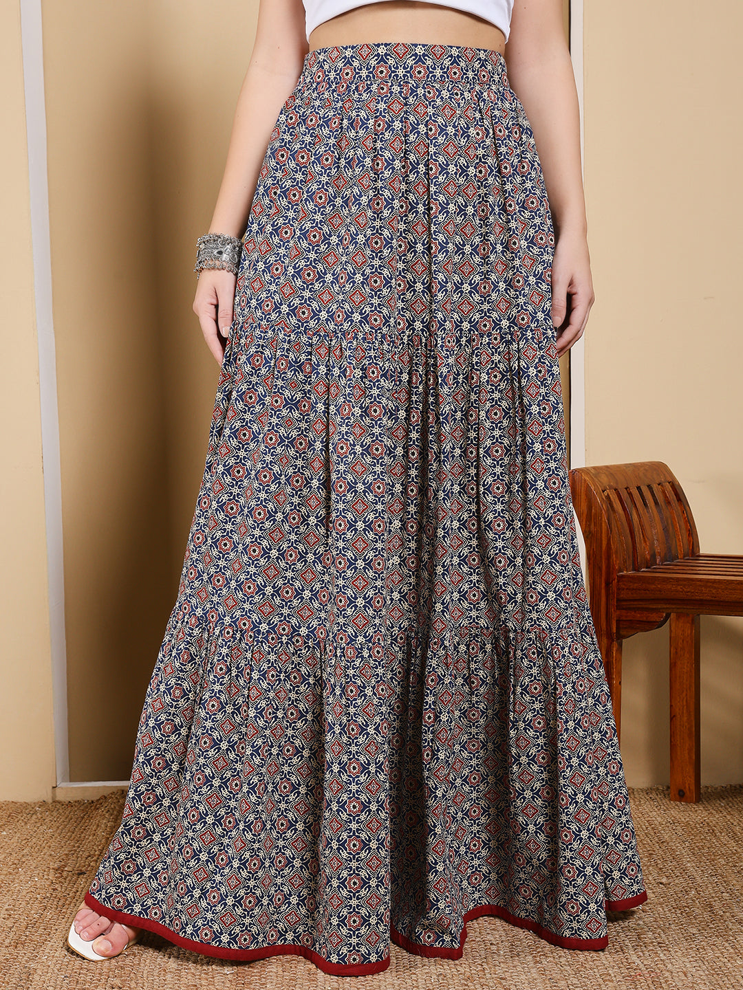 FIORRA Women's Blue Printed Cotton Flared Skirt