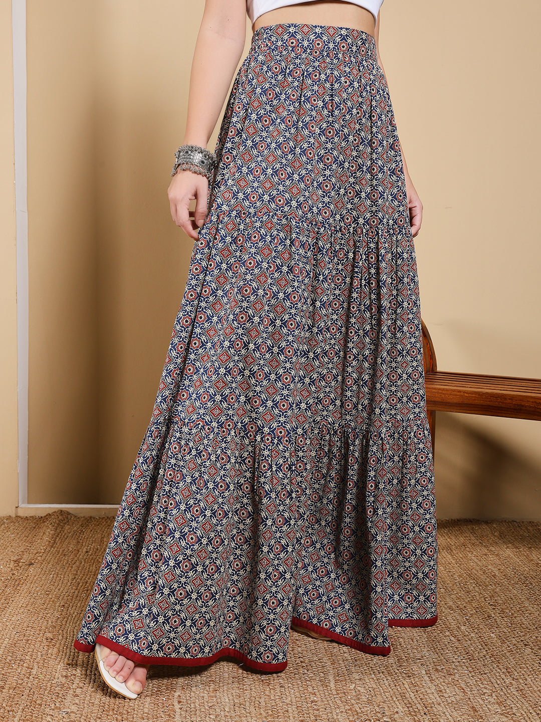 FIORRA Women's Blue Printed Cotton Flared Skirt