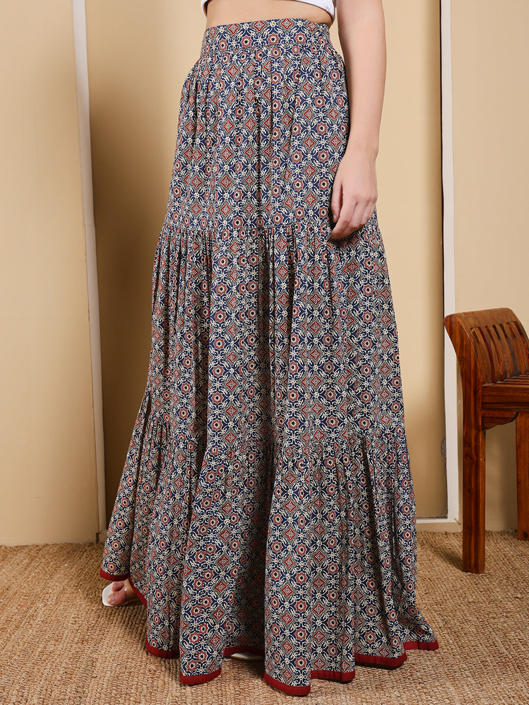 FIORRA Women's Blue Printed Cotton Flared Skirt