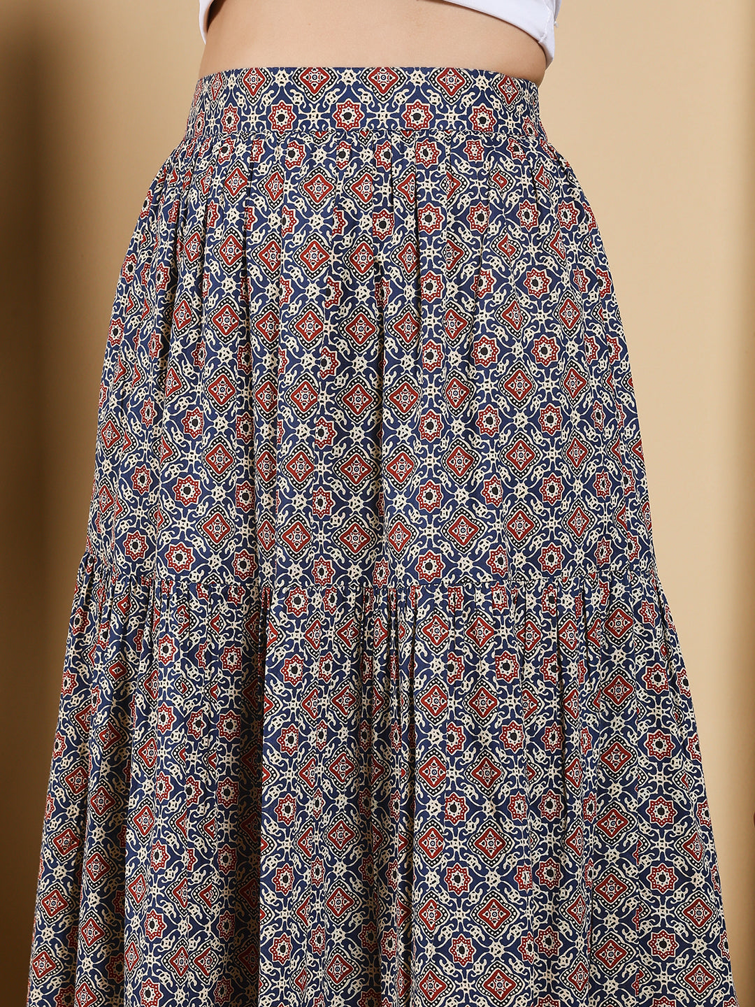 FIORRA Women's Blue Printed Cotton Flared Skirt