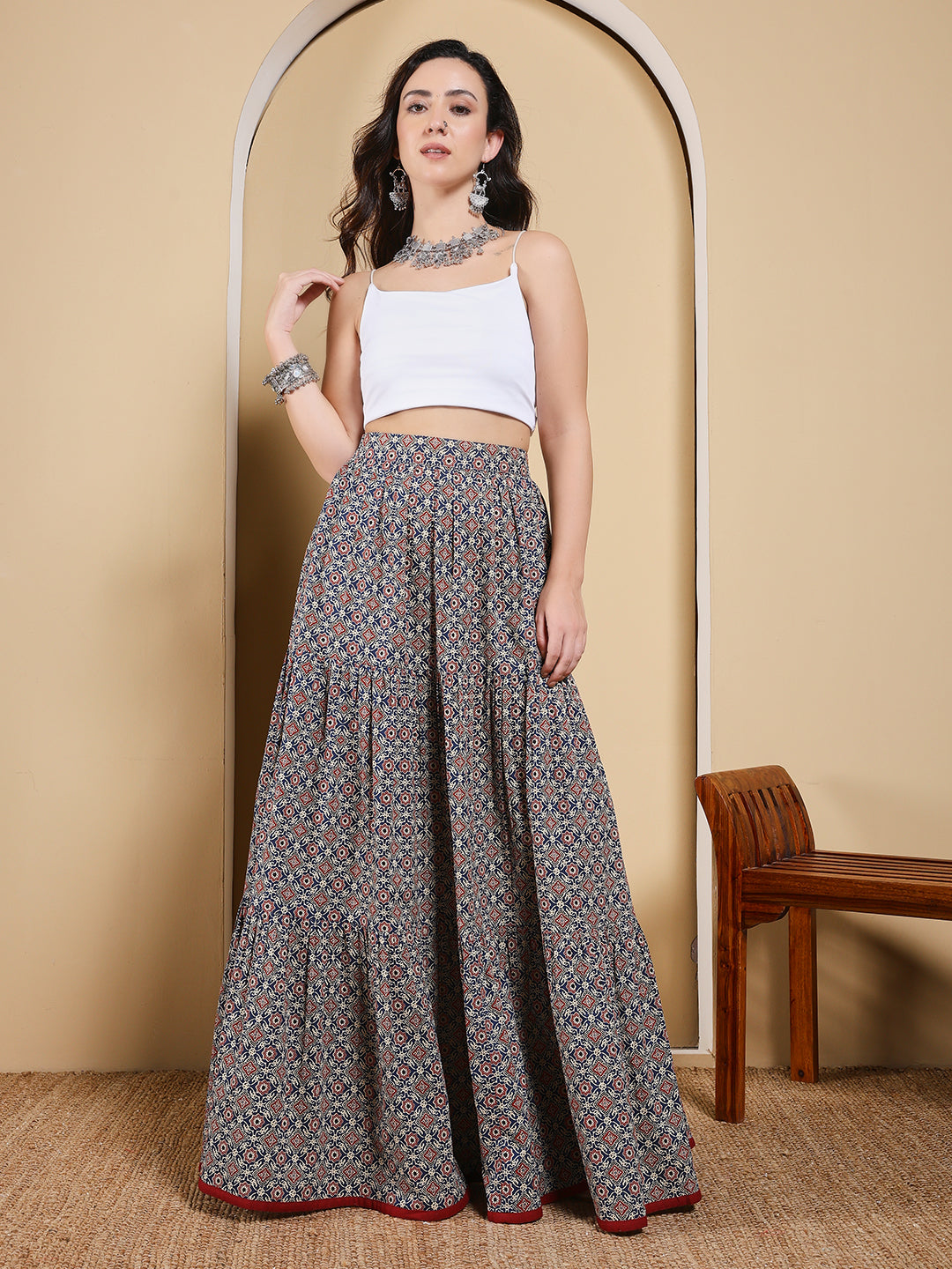 FIORRA Women's Blue Printed Cotton Flared Skirt