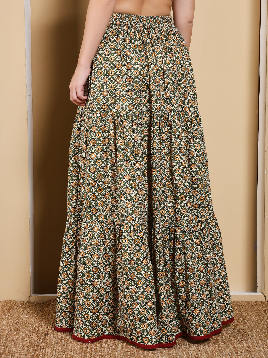 FIORRA Women's Olive Green Printed Cotton Flared Skirt