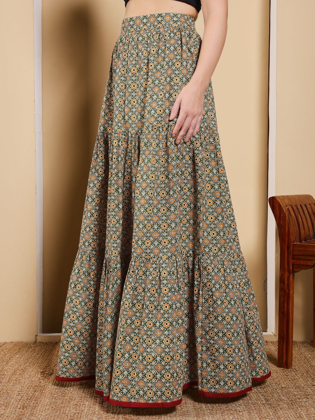 FIORRA Women's Olive Green Printed Cotton Flared Skirt