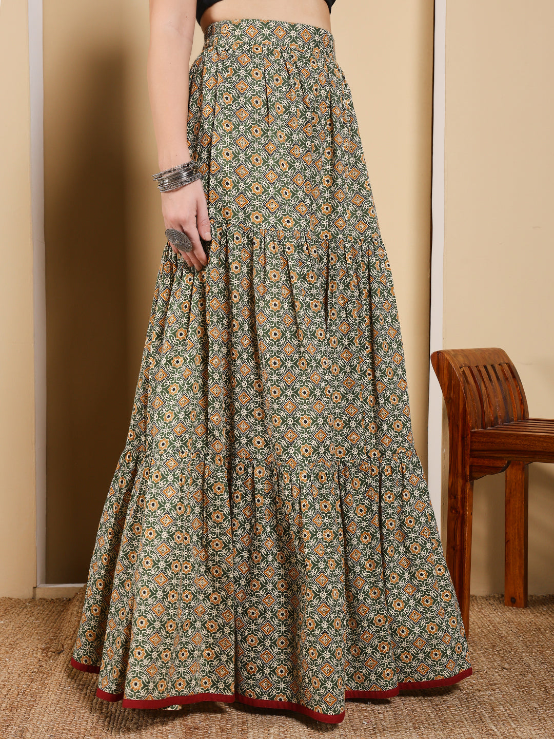 FIORRA Women's Olive Green Printed Cotton Flared Skirt