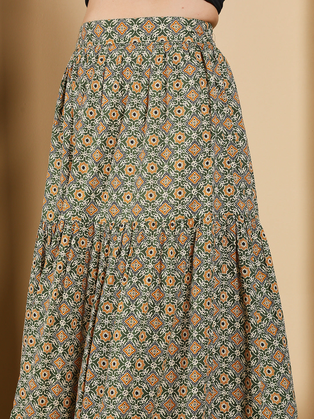 FIORRA Women's Olive Green Printed Cotton Flared Skirt