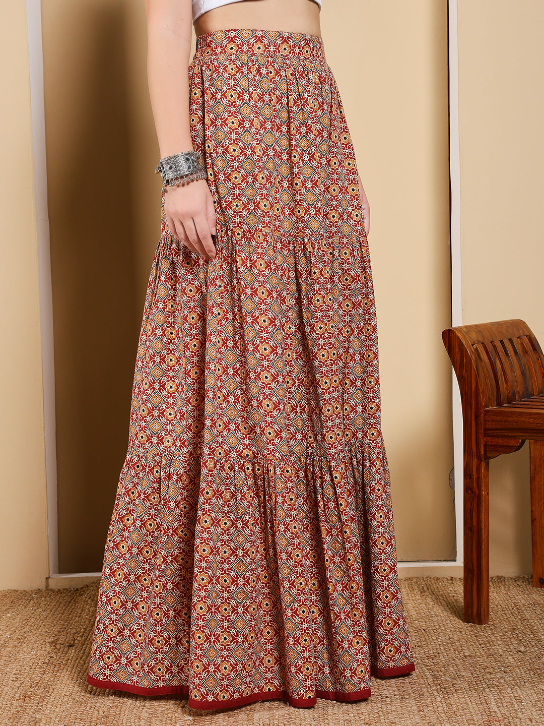 FIORRA Women's Maroon Printed Cotton Flared Skirt