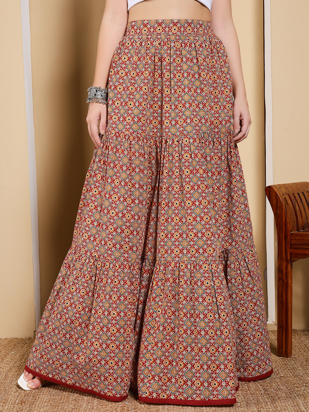 FIORRA Women's Maroon Printed Cotton Flared Skirt