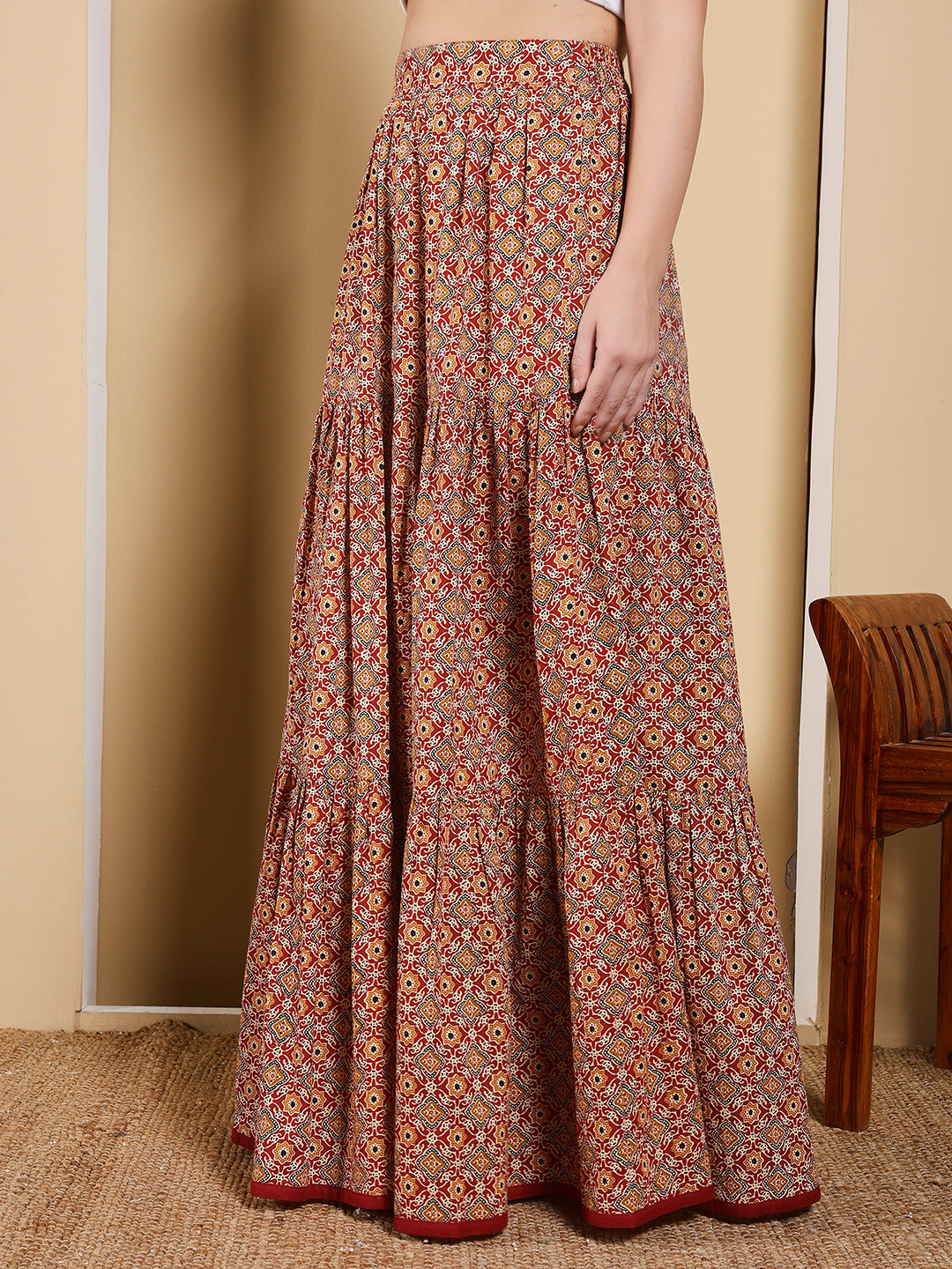 FIORRA Women's Maroon Printed Cotton Flared Skirt