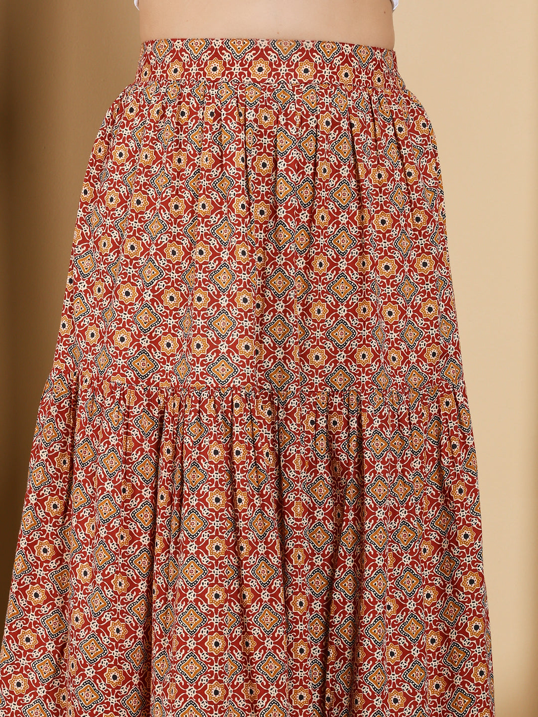 FIORRA Women's Maroon Printed Cotton Flared Skirt