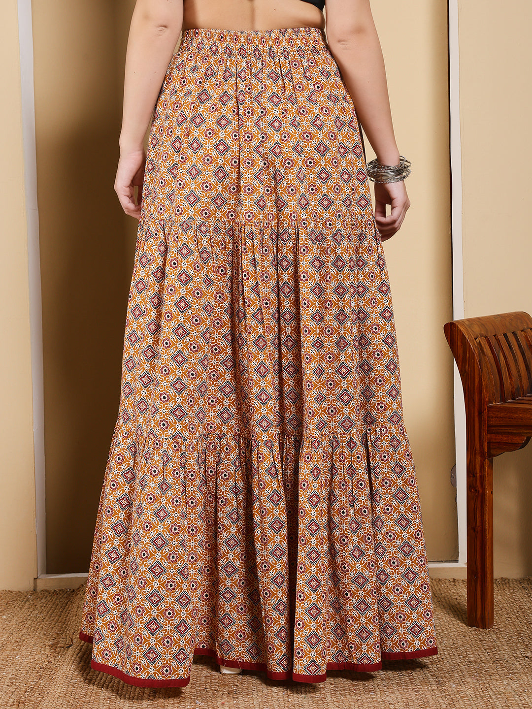 FIORRA Women's Mustard Yellow Printed Cotton Flared Skirt