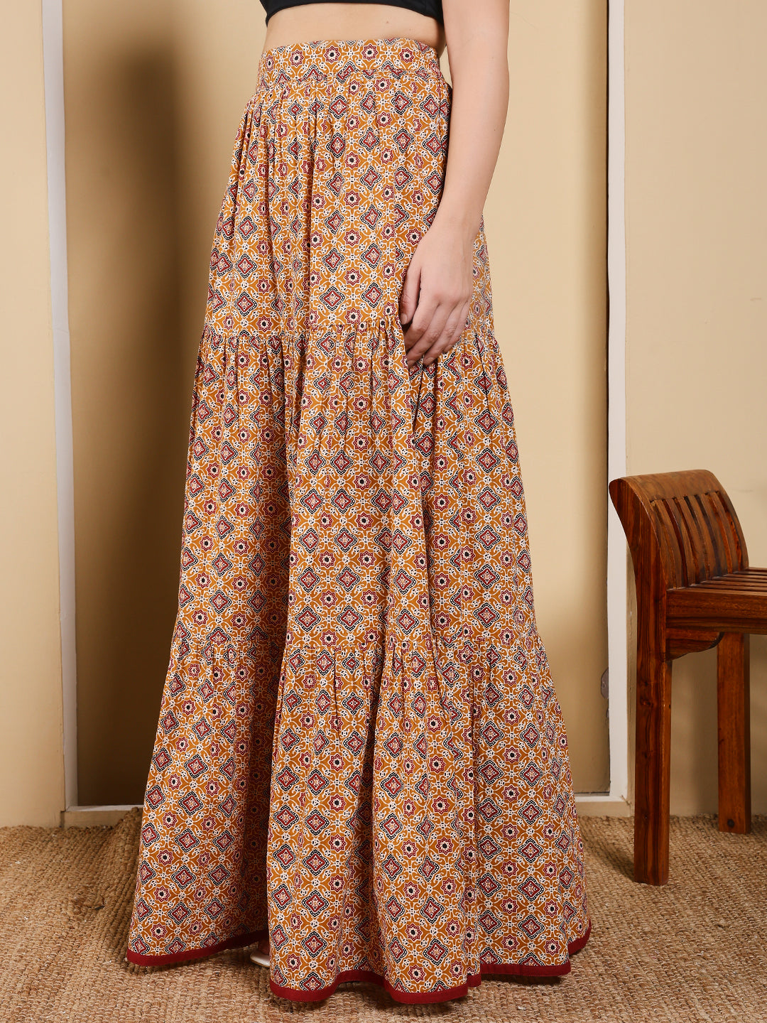 FIORRA Women's Mustard Yellow Printed Cotton Flared Skirt