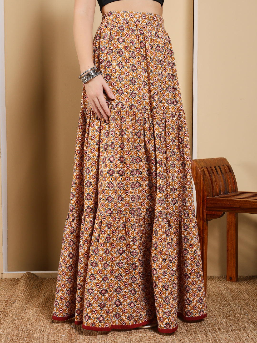 FIORRA Women's Mustard Yellow Printed Cotton Flared Skirt