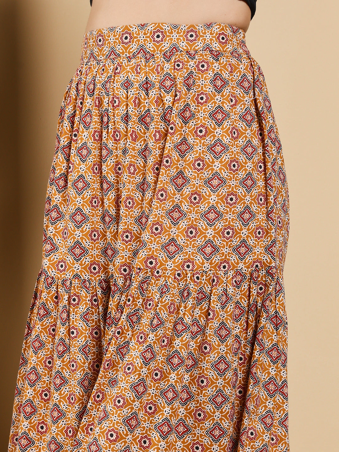 FIORRA Women's Mustard Yellow Printed Cotton Flared Skirt