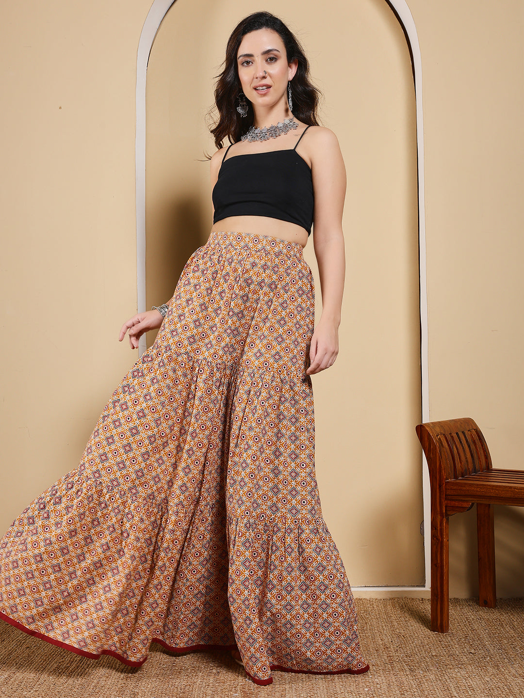 FIORRA Women's Mustard Yellow Printed Cotton Flared Skirt