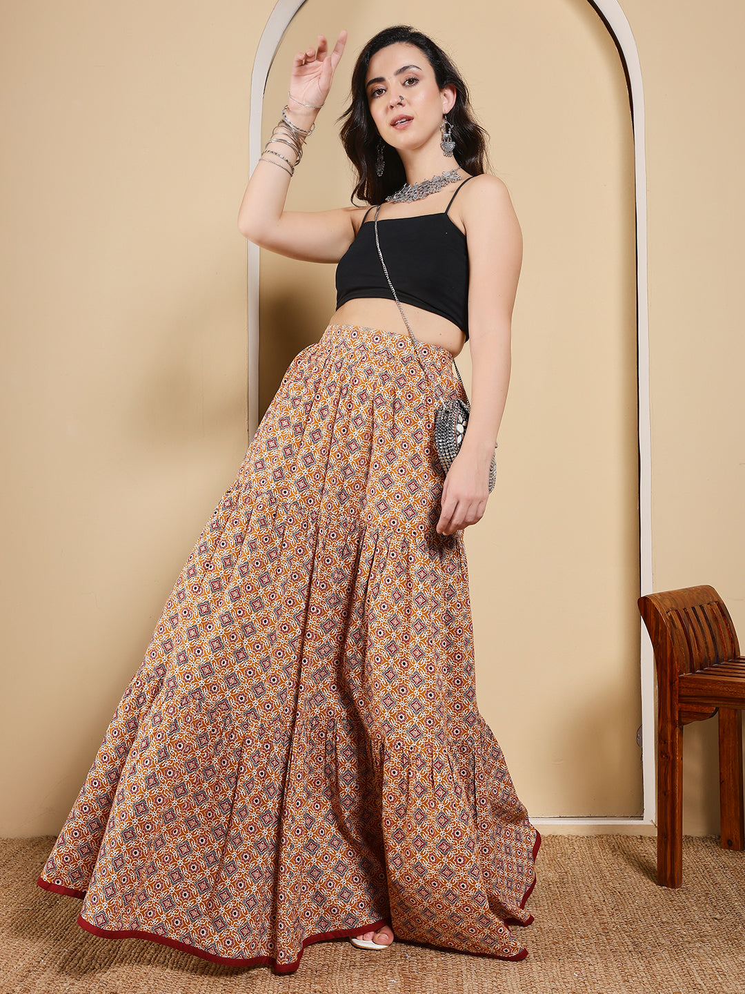 FIORRA Women's Mustard Yellow Printed Cotton Flared Skirt