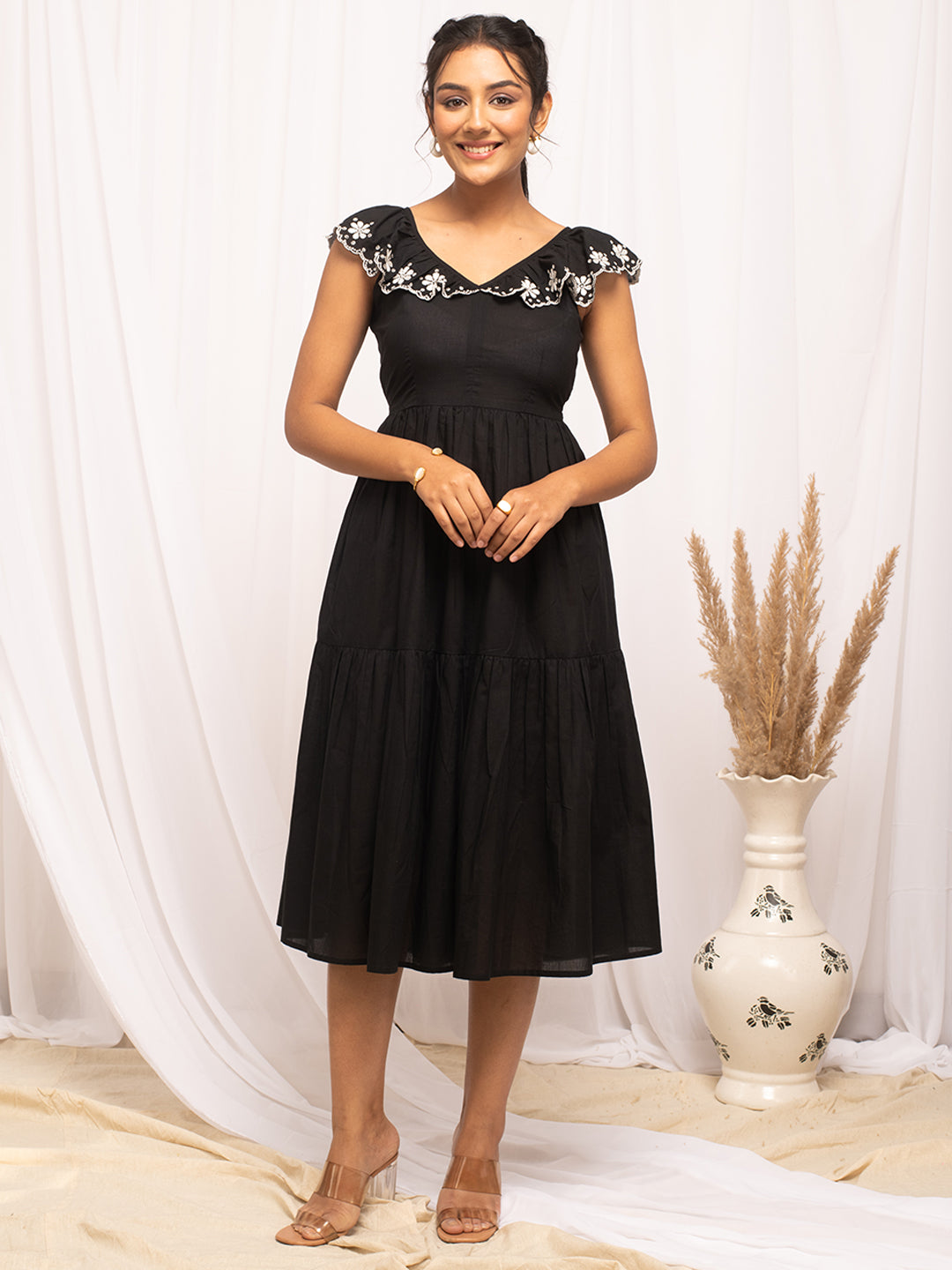 FIORRA Women's Balck Colour Solid Cotton Skater Dress – FiorraLifestyle FIORRA Women's Balck Colour Solid Cotton Skater Dress – FiorraLifestyle