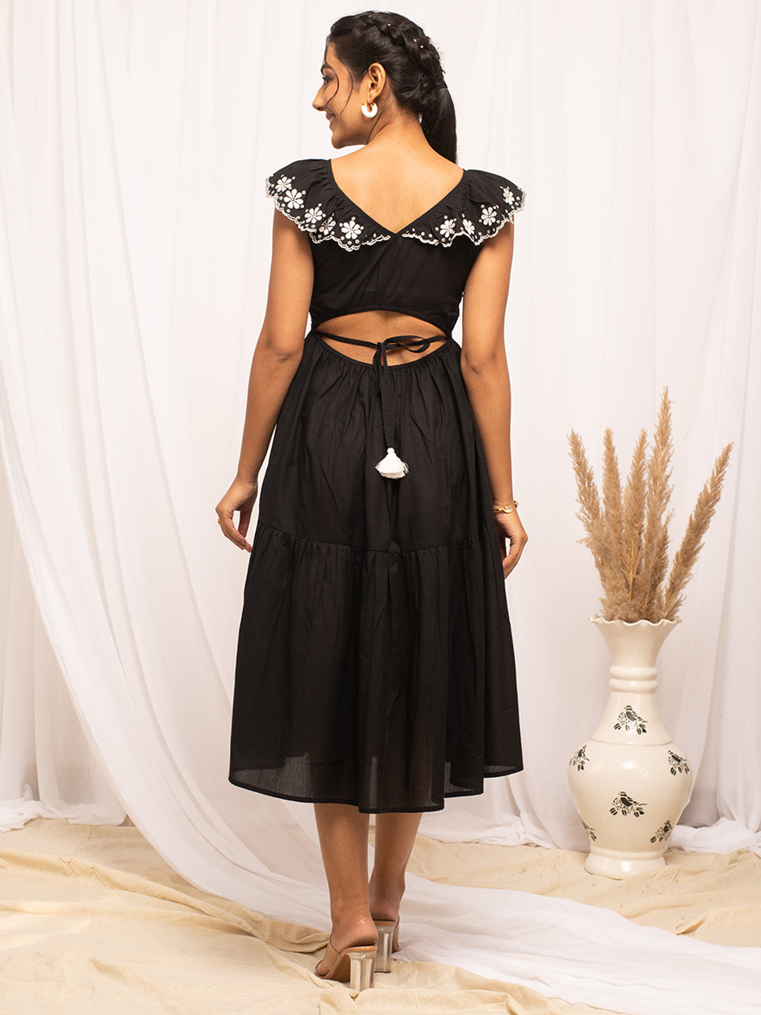 FIORRA Women's Balck Colour Solid Cotton Skater Dress