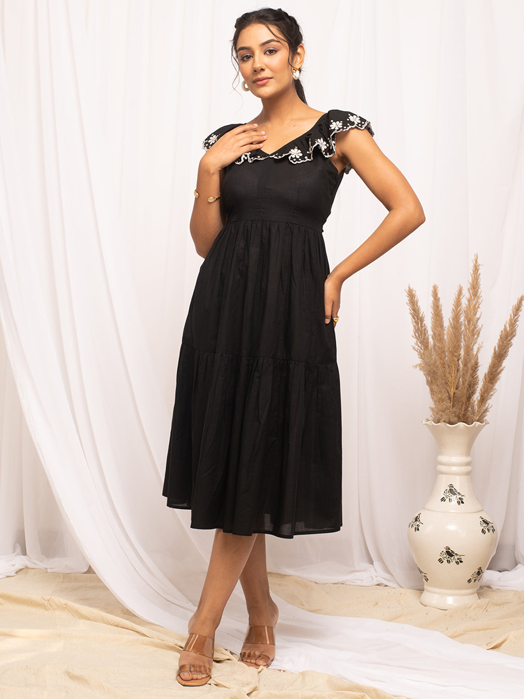 FIORRA Women's Balck Colour Solid Cotton Skater Dress