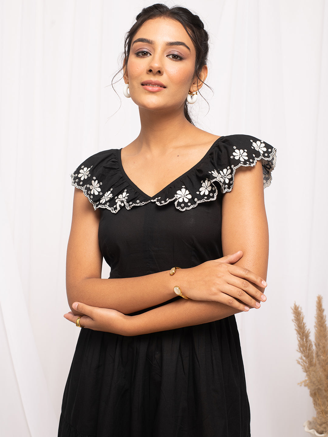 FIORRA Women's Balck Colour Solid Cotton Skater Dress