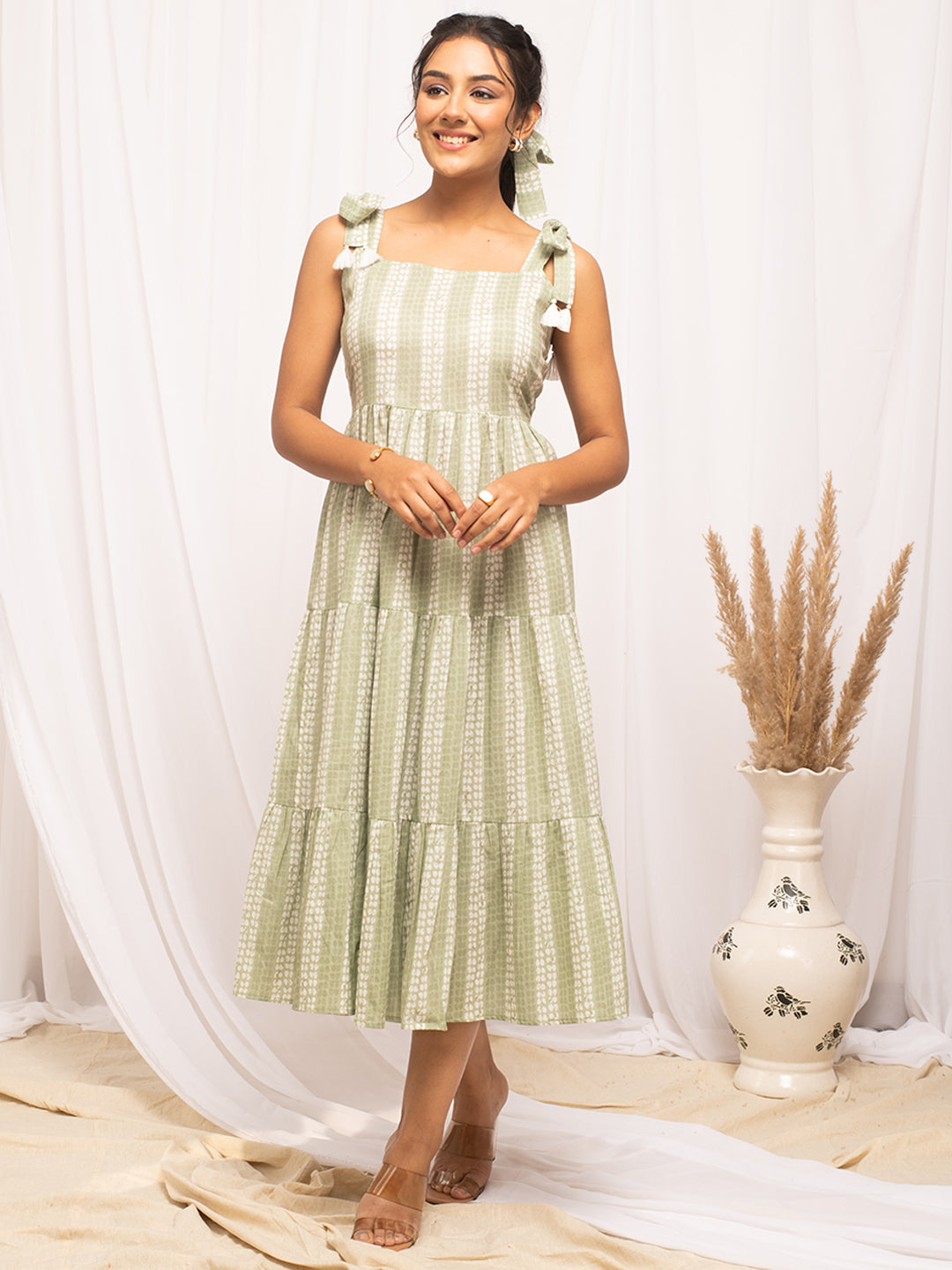 FIORRA Women's Green Cotton Printed  Dress