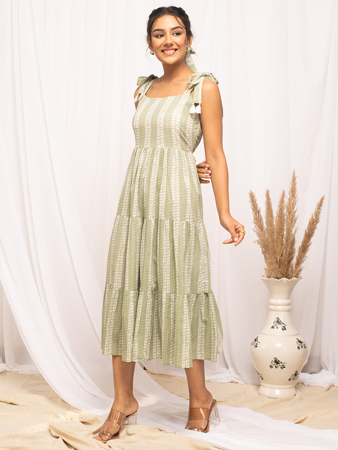 FIORRA Women's Green Cotton Printed  Dress