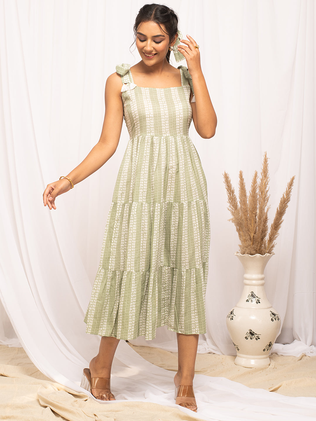 FIORRA Women's Green Cotton Printed  Dress