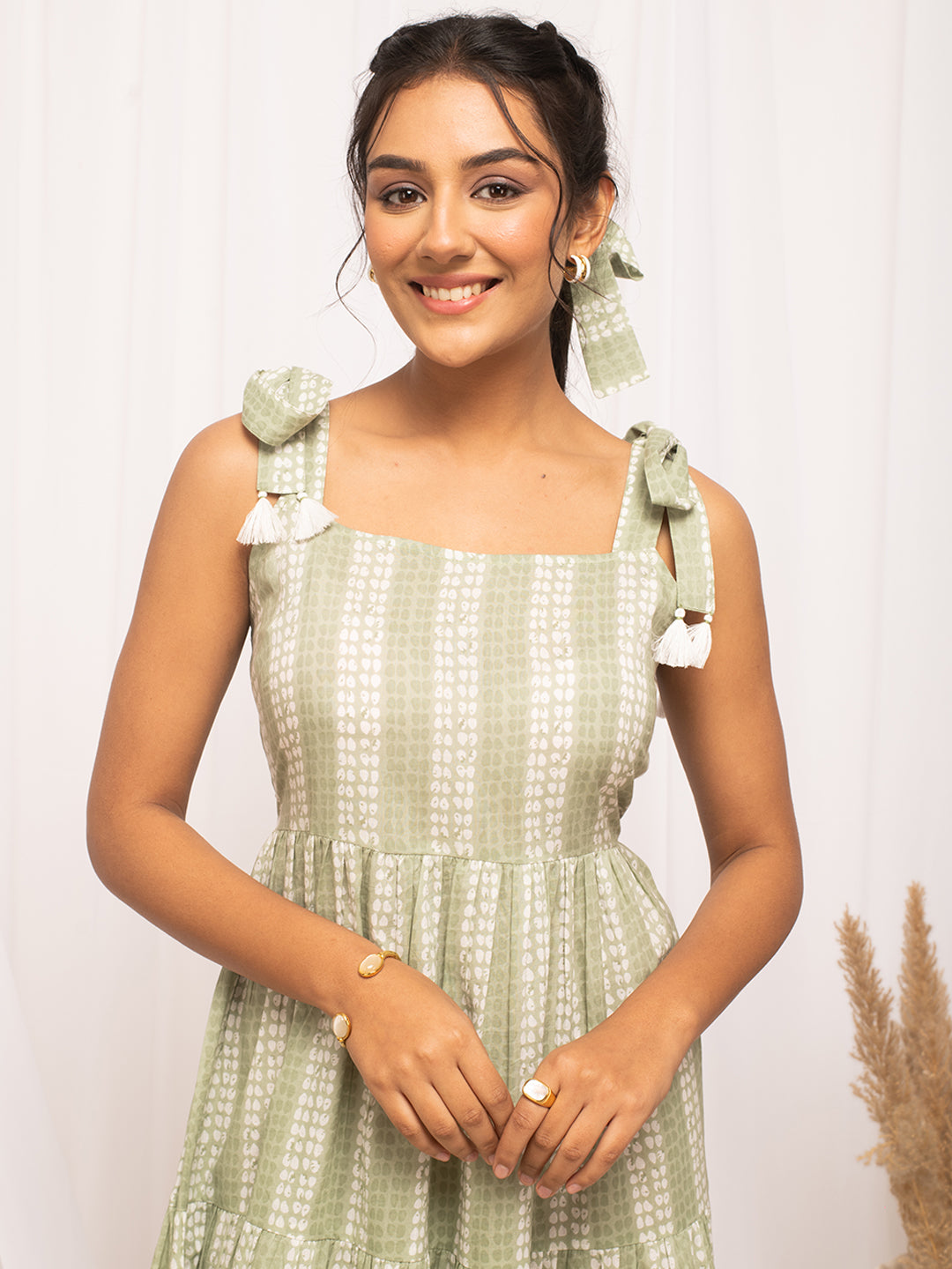 FIORRA Women's Green Cotton Printed  Dress