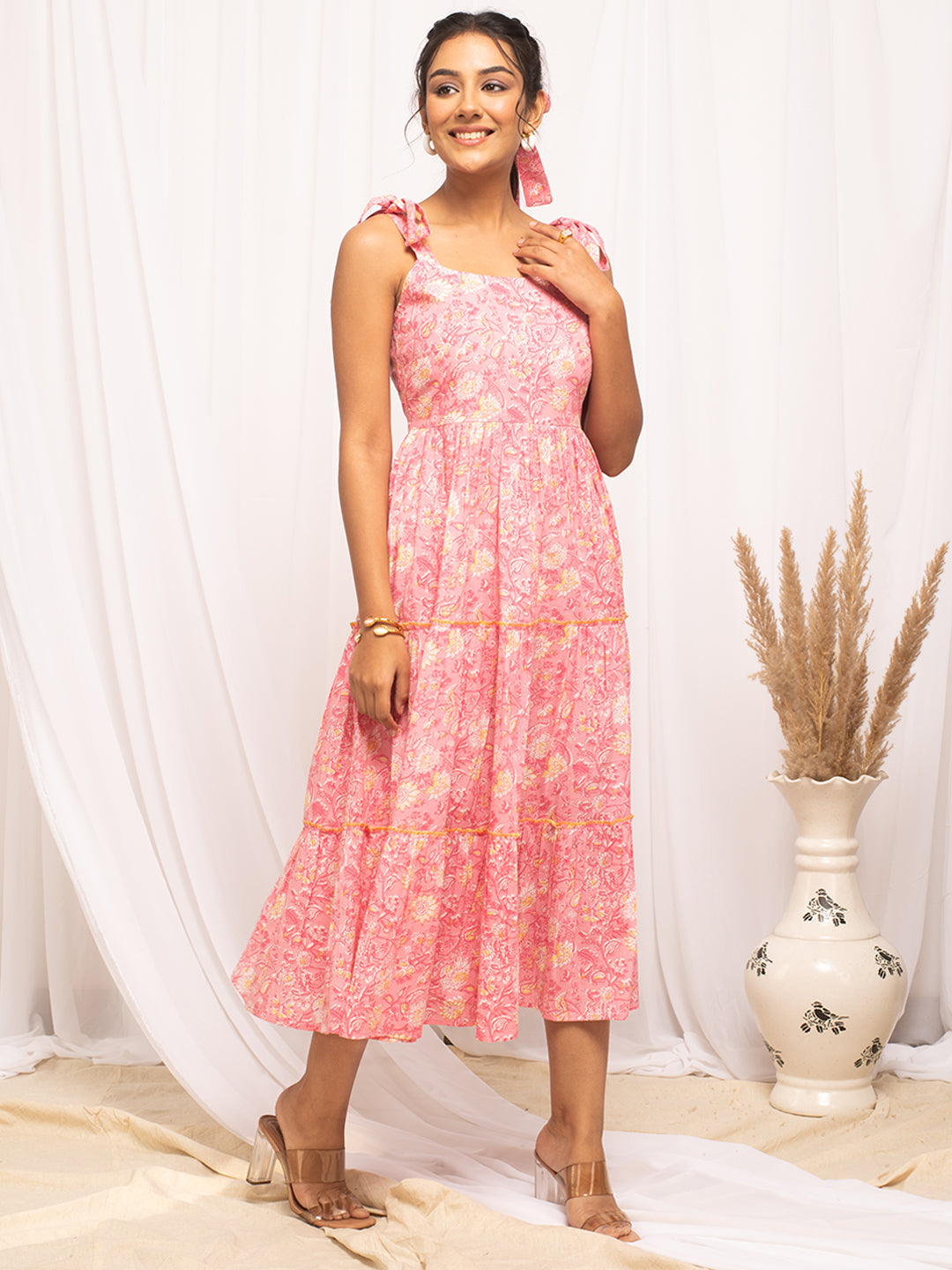 FIORRA Women's Peach Cotton Floral Printed  Dress