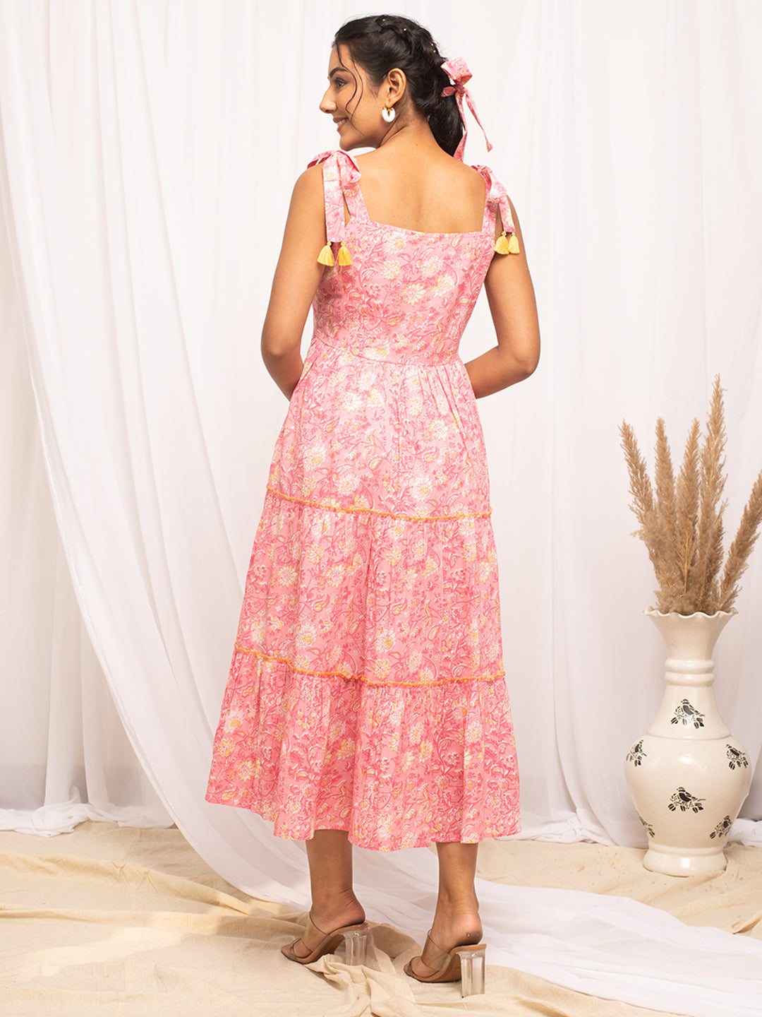 FIORRA Women's Peach Cotton Floral Printed  Dress