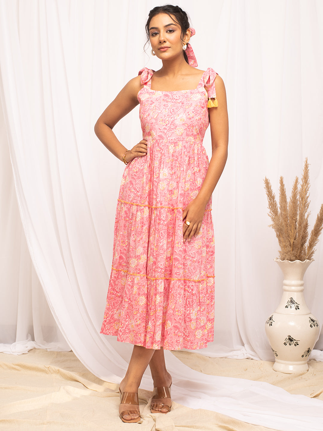 FIORRA Women's Peach Cotton Floral Printed  Dress